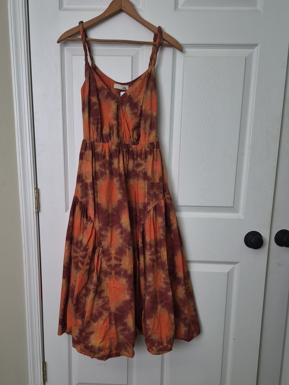 Ulla Johnson Orange and Brown Tie-Dye Spaghetti Strap Midi Dress